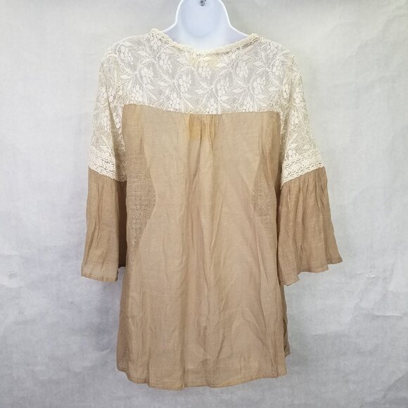 A’reve by Anthropologie Blouse Lace up Women's L Tan Beige Lace 3/4 Bell Sleeves - Picture 3 of 16